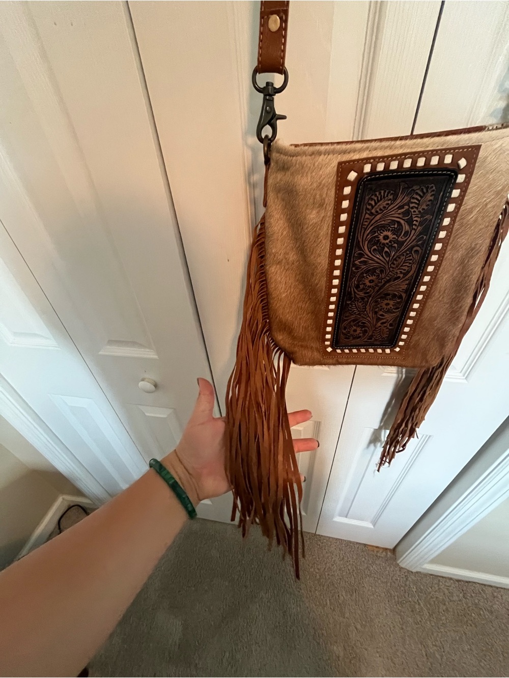 Myra Bag Brown Hair-on-Hide Crossbody with Tooled Leather Panel and Fringe - Picture 4 of 12